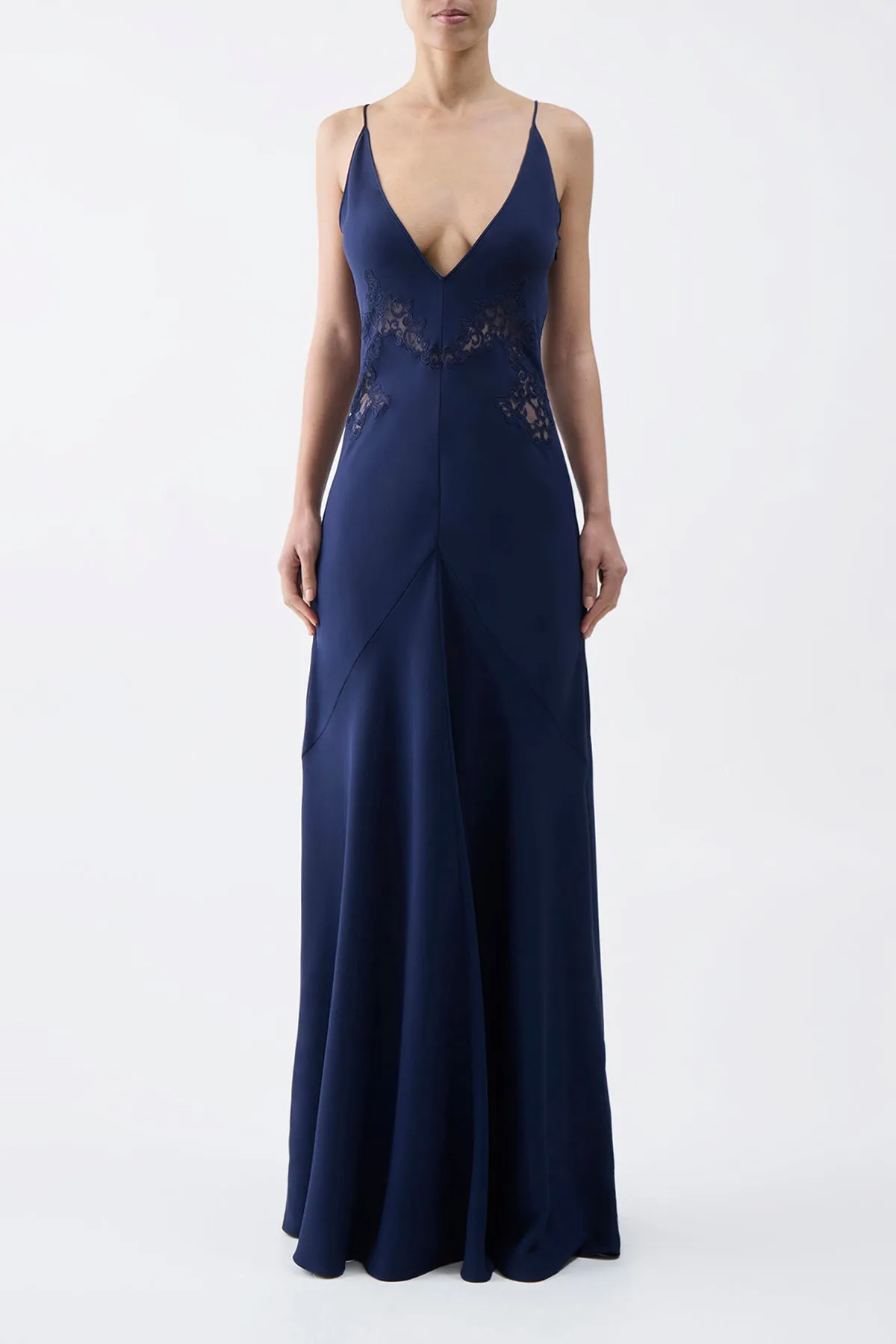 Pure Cotton Apuleius Lace Slip Maxi Dress in Navy Silk Crepe