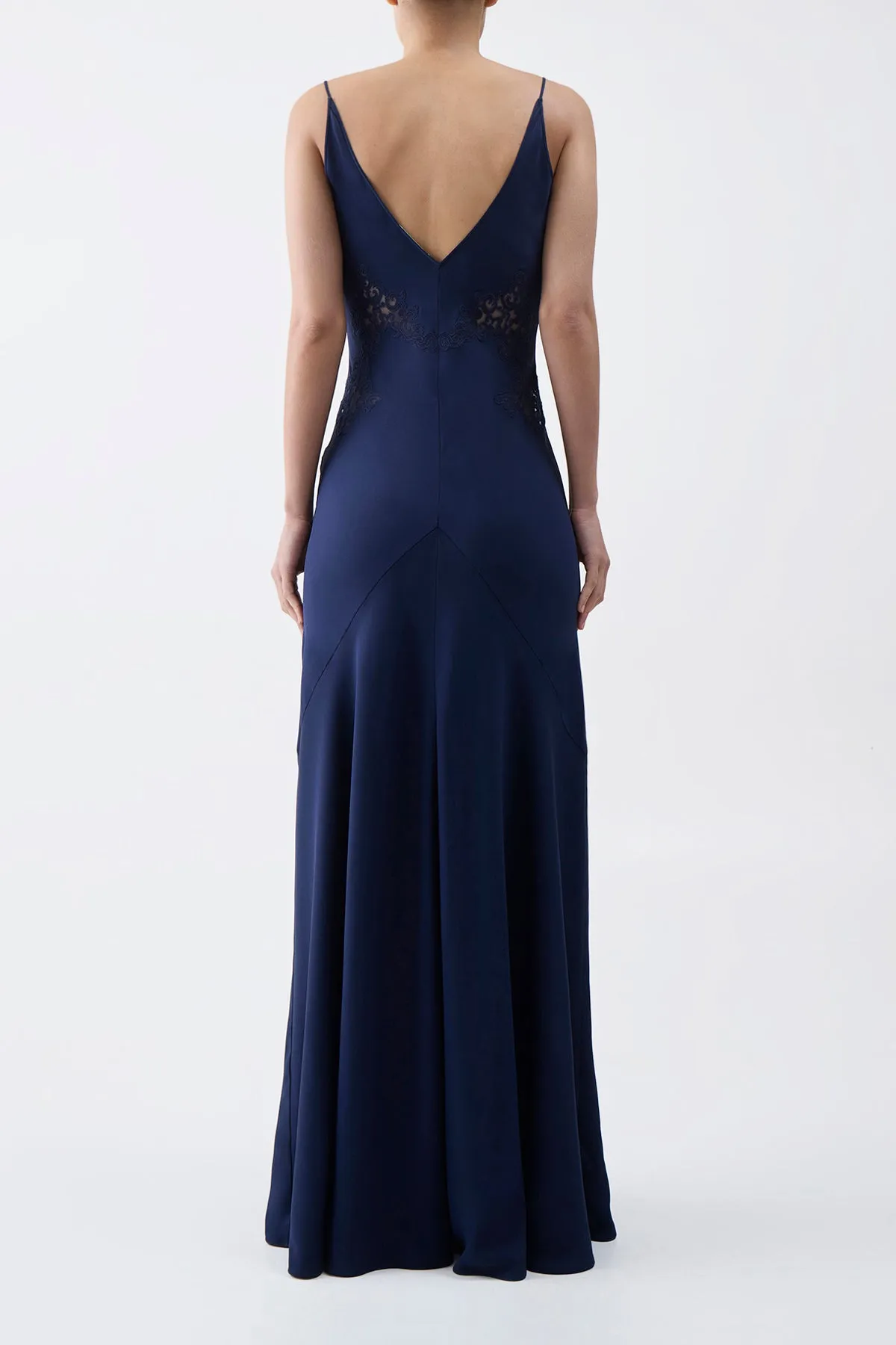 Polish Core Apuleius Lace Slip Maxi Dress in Navy Silk Crepe