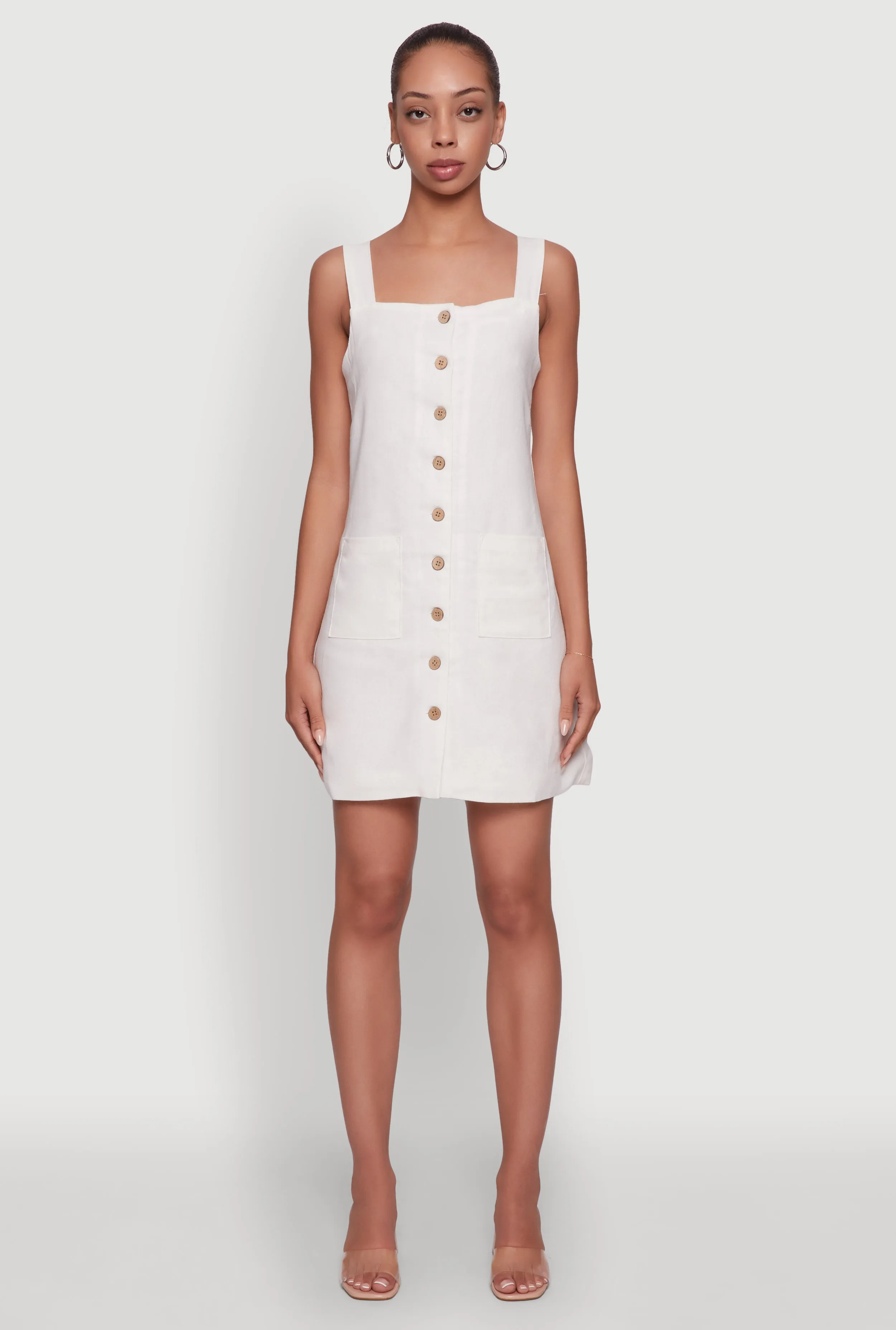 Scene Glow Trendy Linen Button Front Square Neck Dress