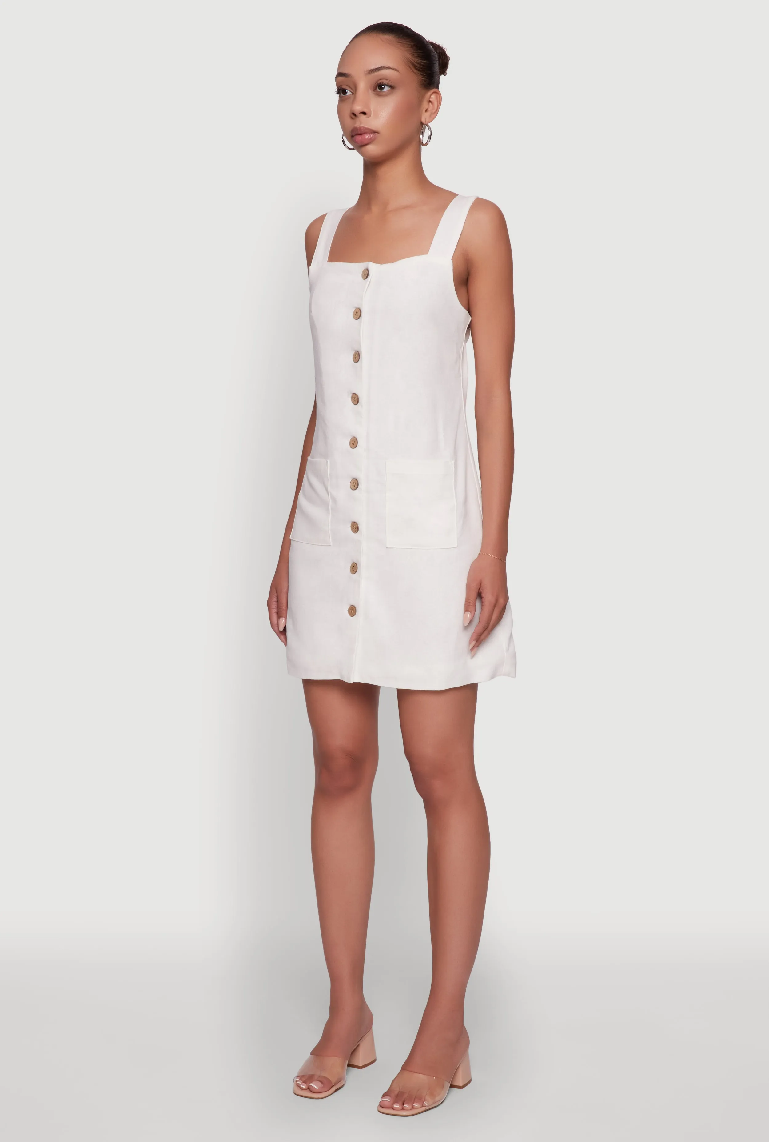 Pop Star Trendy Linen Button Front Square Neck Dress