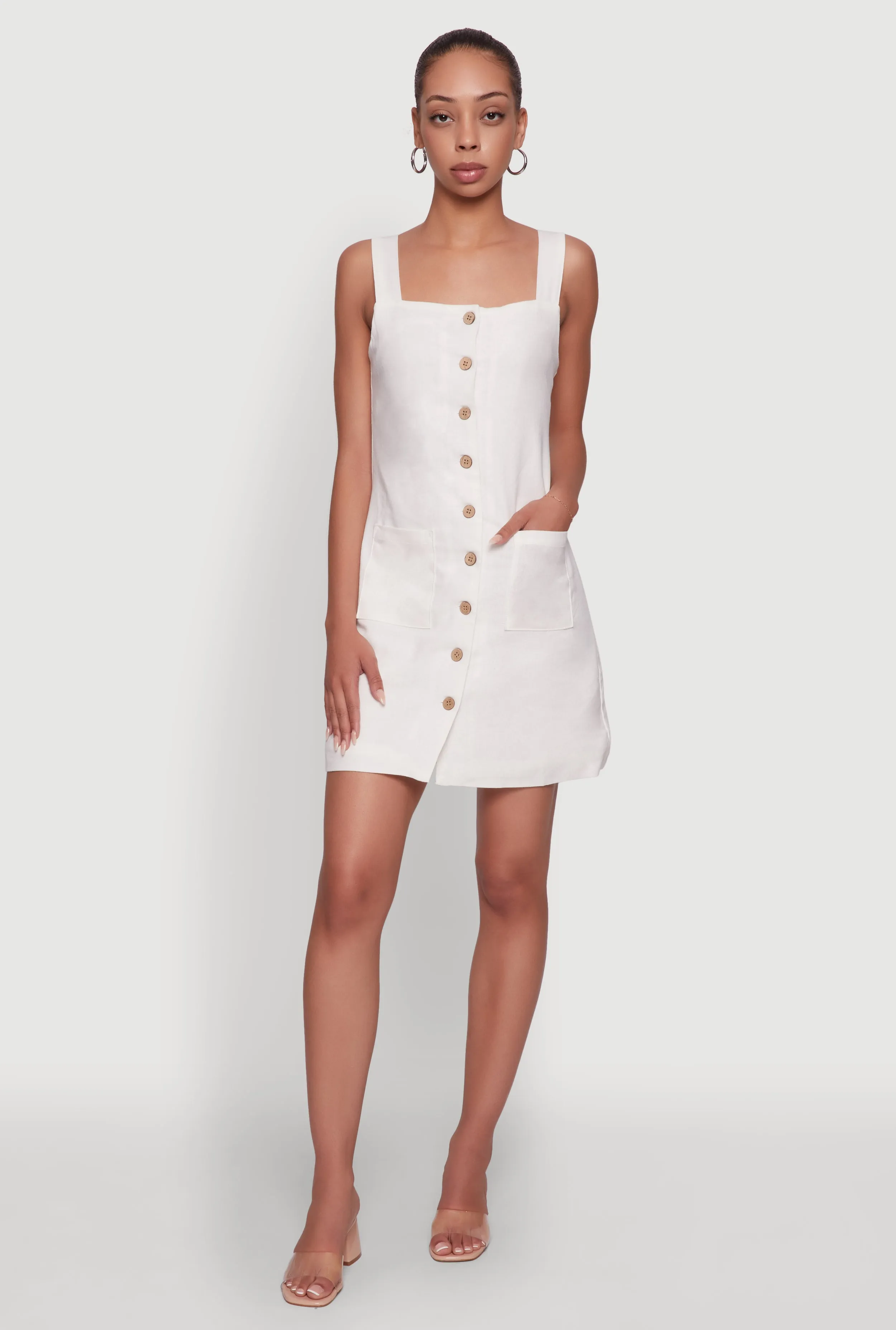 Trendy Linen Button Front Square Neck Dress Catch Eyes