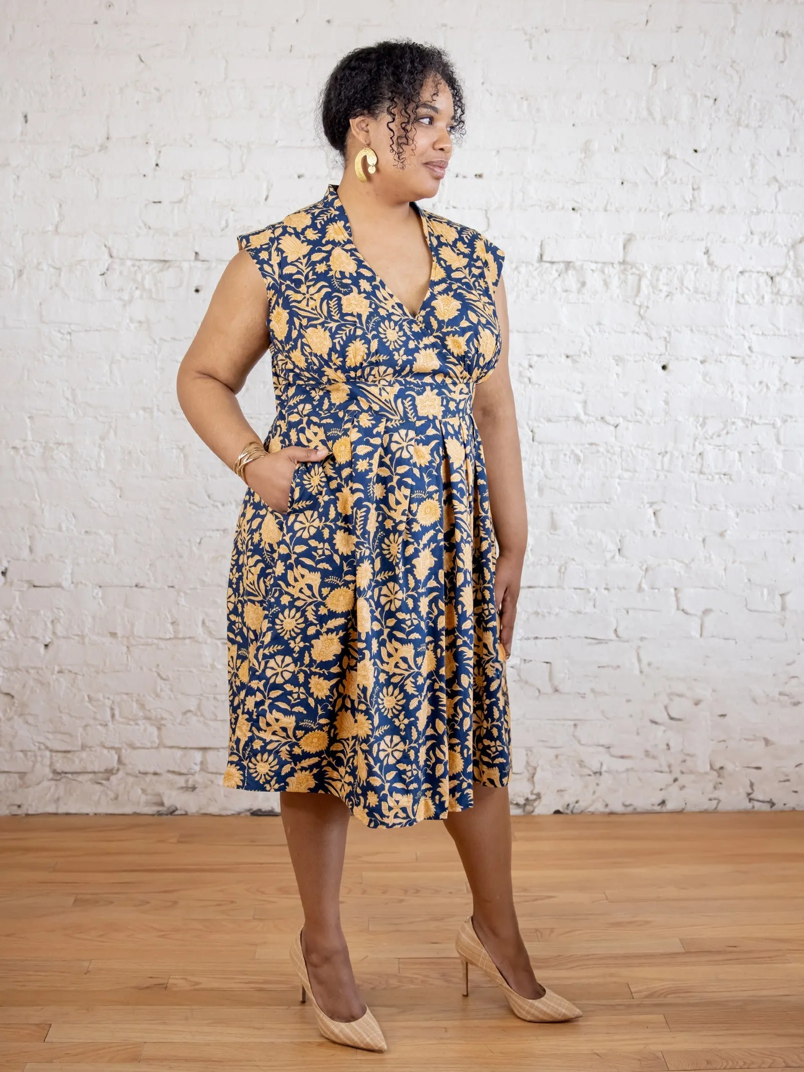 BreathableFabric MultiPanelDesign Lucille Plus Size Dress - Navy Botanical